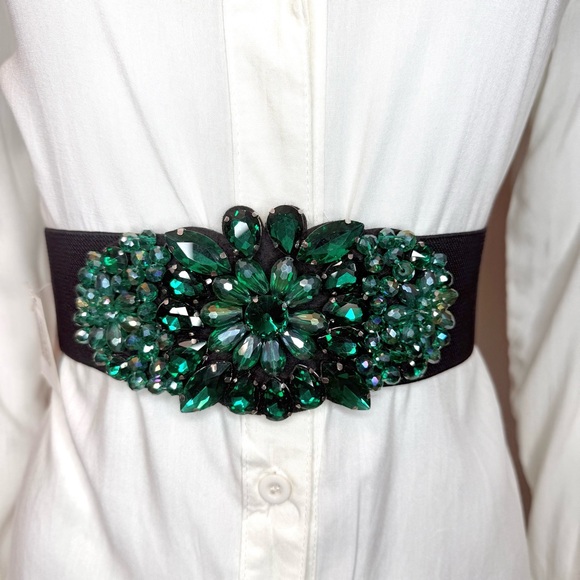 Green rhinestone details elastic waistband belt - Picture 1 of 9